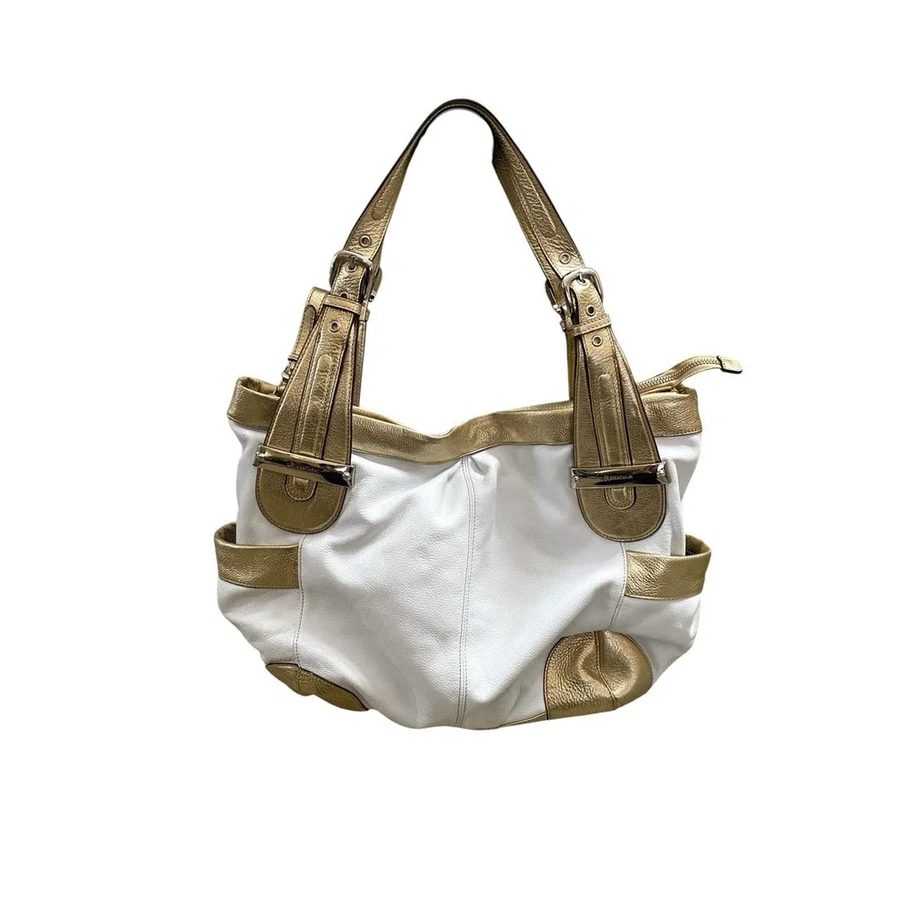B. Makowsky Womens White & Gold Shoulder Bag Hobo Purse Handbag Leather Large